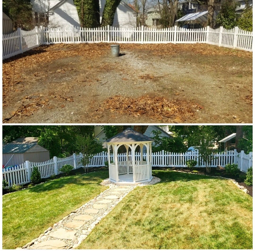 Before and after: bare dirt backyard finished with new lawn, a stone path and a white gazebo