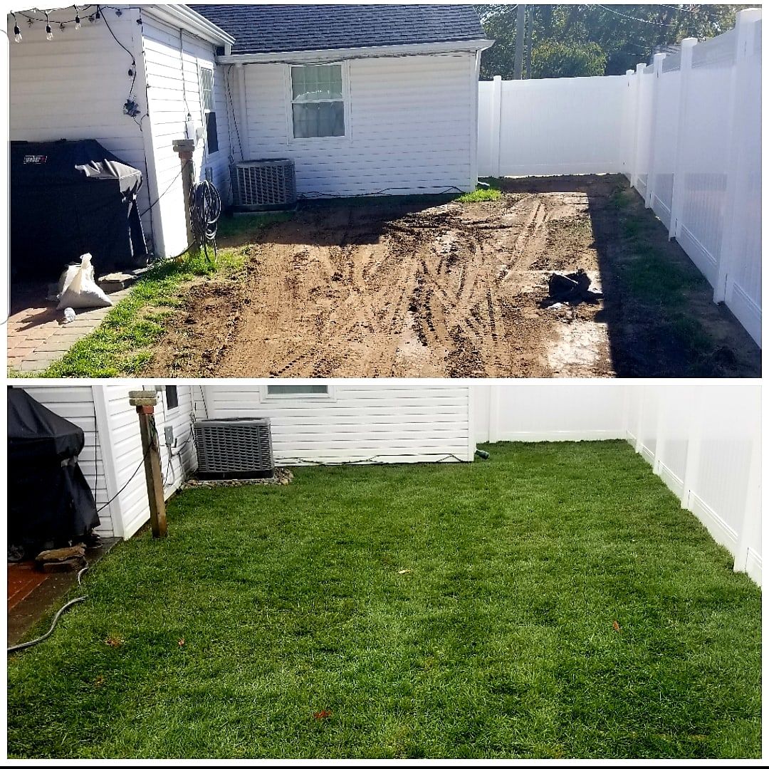 Before and after: torn-up backyard beside a white vinyl fence finished with fresh sod