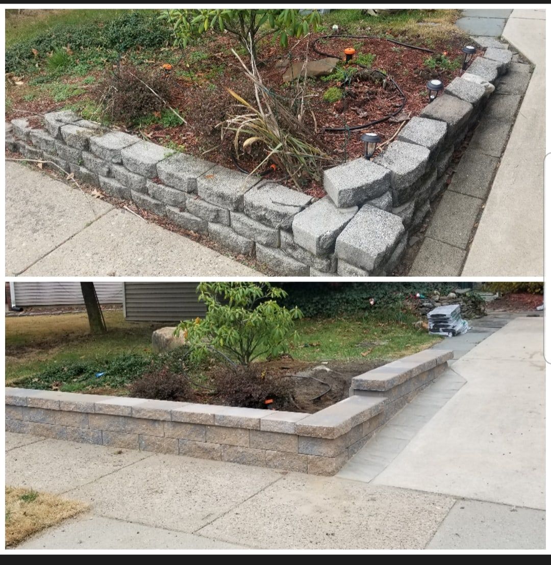 Before and after: crumbling garden bed border rebuilt as a stacked block retaining wall