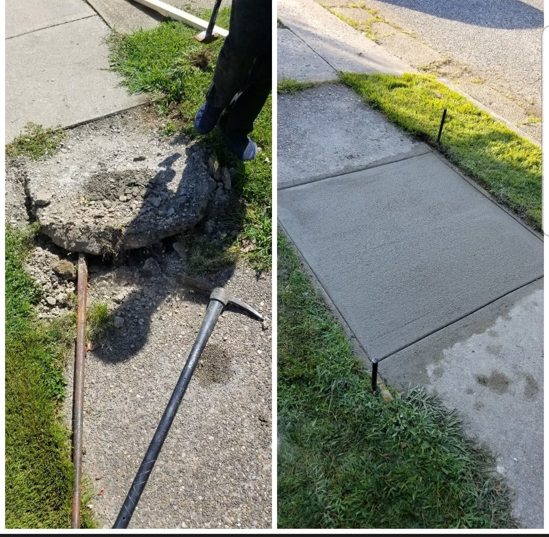 Before and after: broken, uneven sidewalk slabs replaced with smooth new concrete