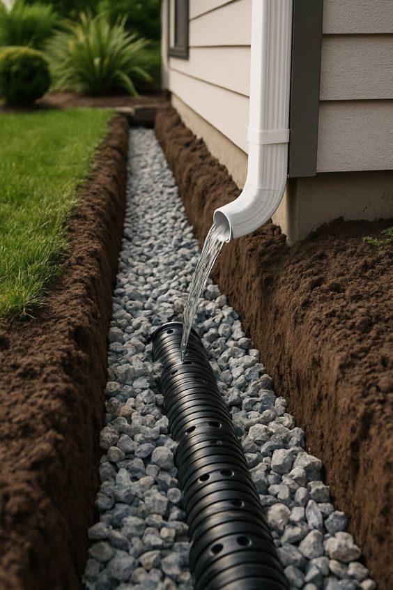 Illustration of a gravel French drain trench with perforated pipe below a home downspout