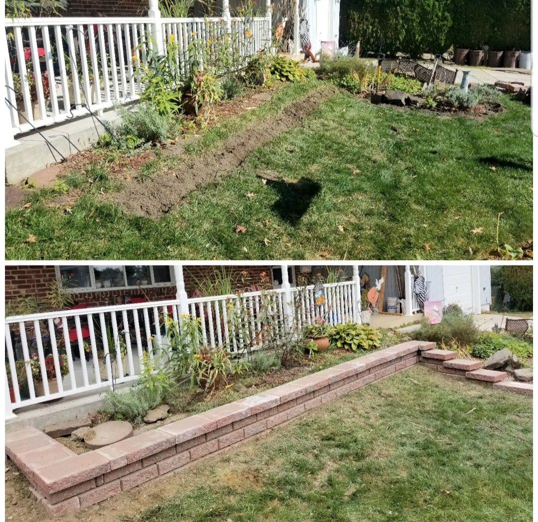 Before and after: front porch garden bed edged with a new low block wall