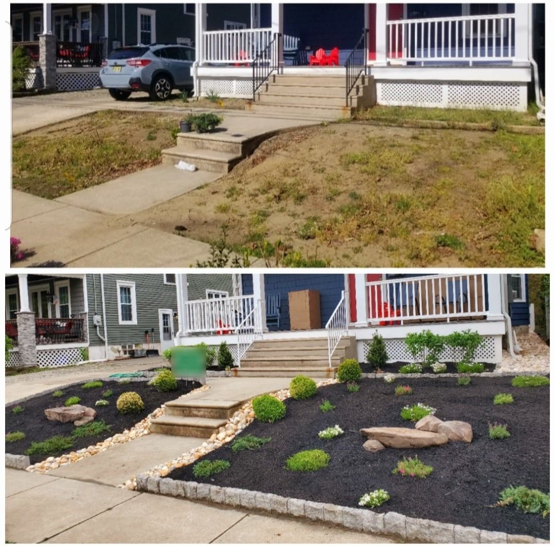 Before and after: dry front lawn by the porch steps turned into a mulched landscape bed with shrubs and boulders