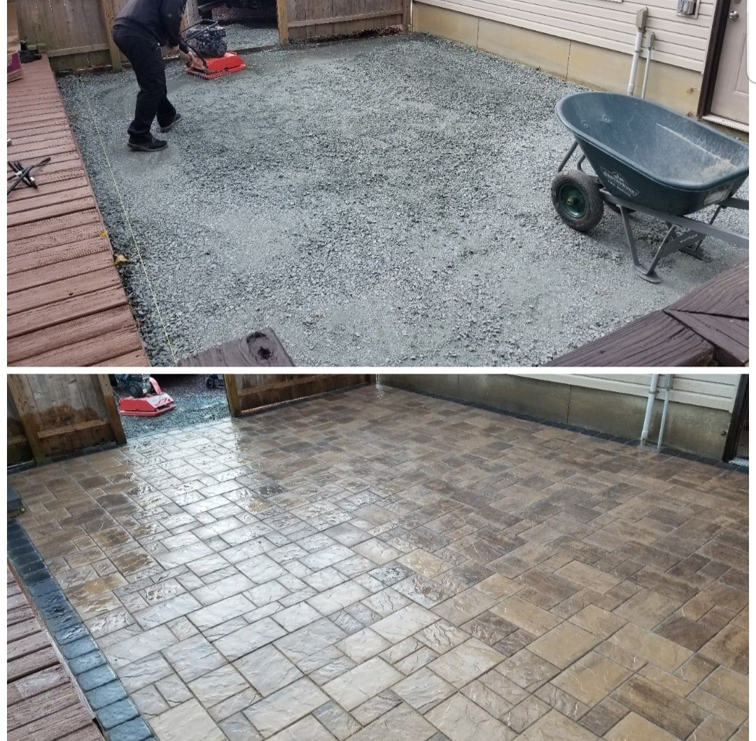 Before and after: compacted gravel base prepared, then a finished backyard paver patio