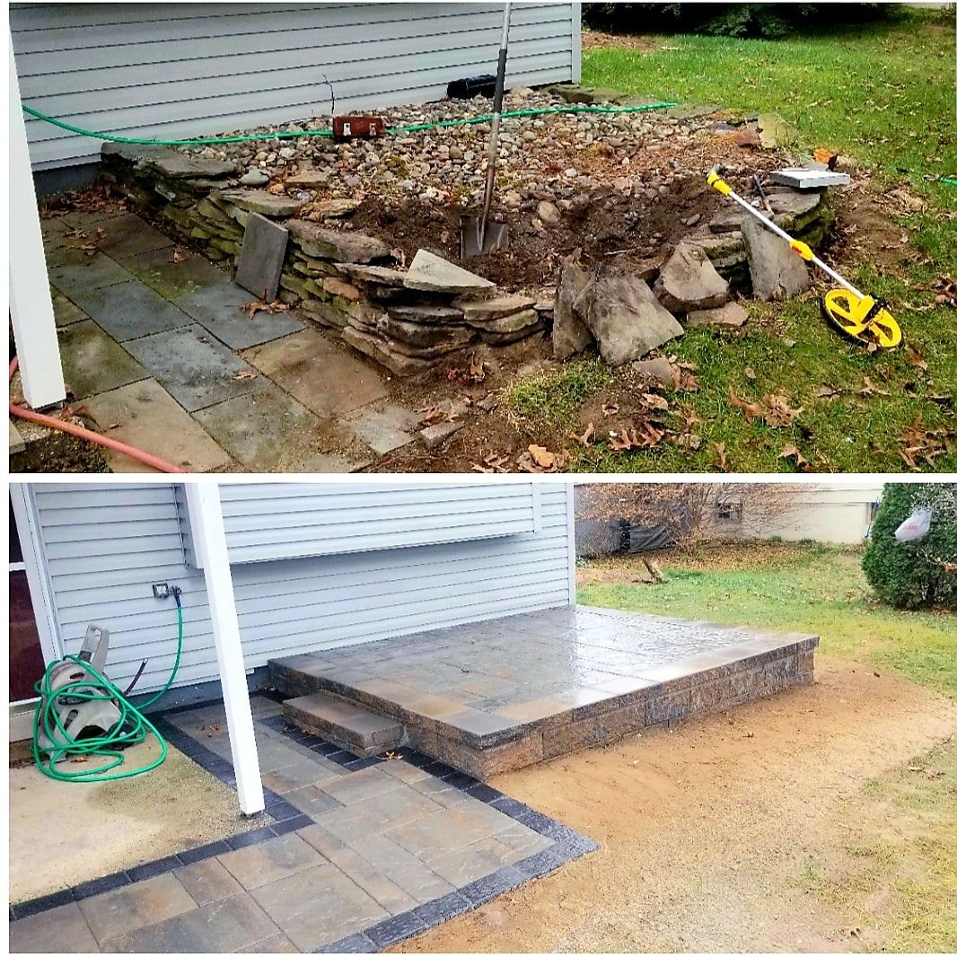 Before and after: crumbling dry-stacked stone landing rebuilt as a raised paver landing with a step and patio
