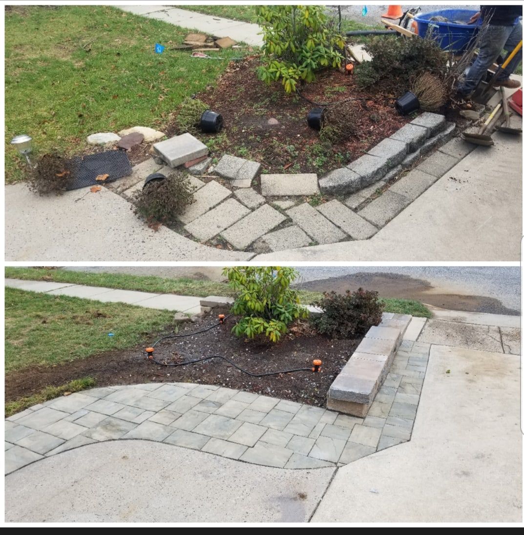Before and after: front garden rebuilt with a curved paver walkway and block edging