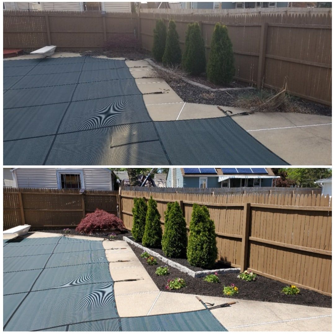 Before and after: neglected pool-side bed along a wood fence cleaned up with fresh mulch, stone edging, a Japanese maple and flowers beside the arborvitae row