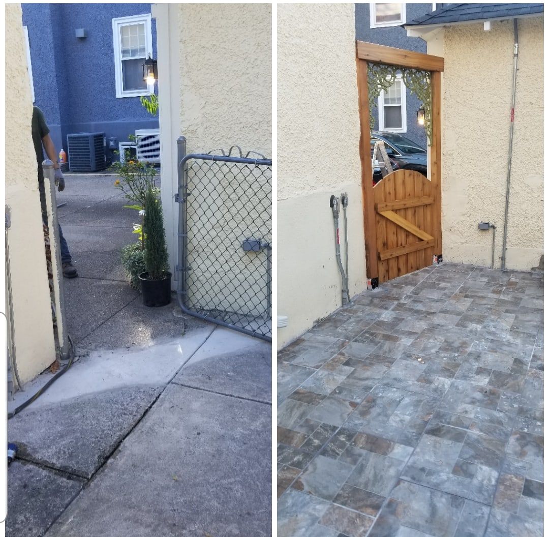 Before and after: narrow side-yard path upgraded with stone pavers and a new wooden gate