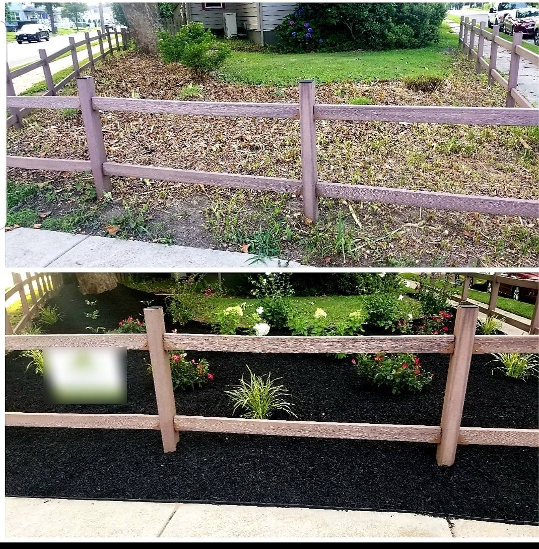Before and after: weedy strip along a split-rail fence turned into a mulched planting bed